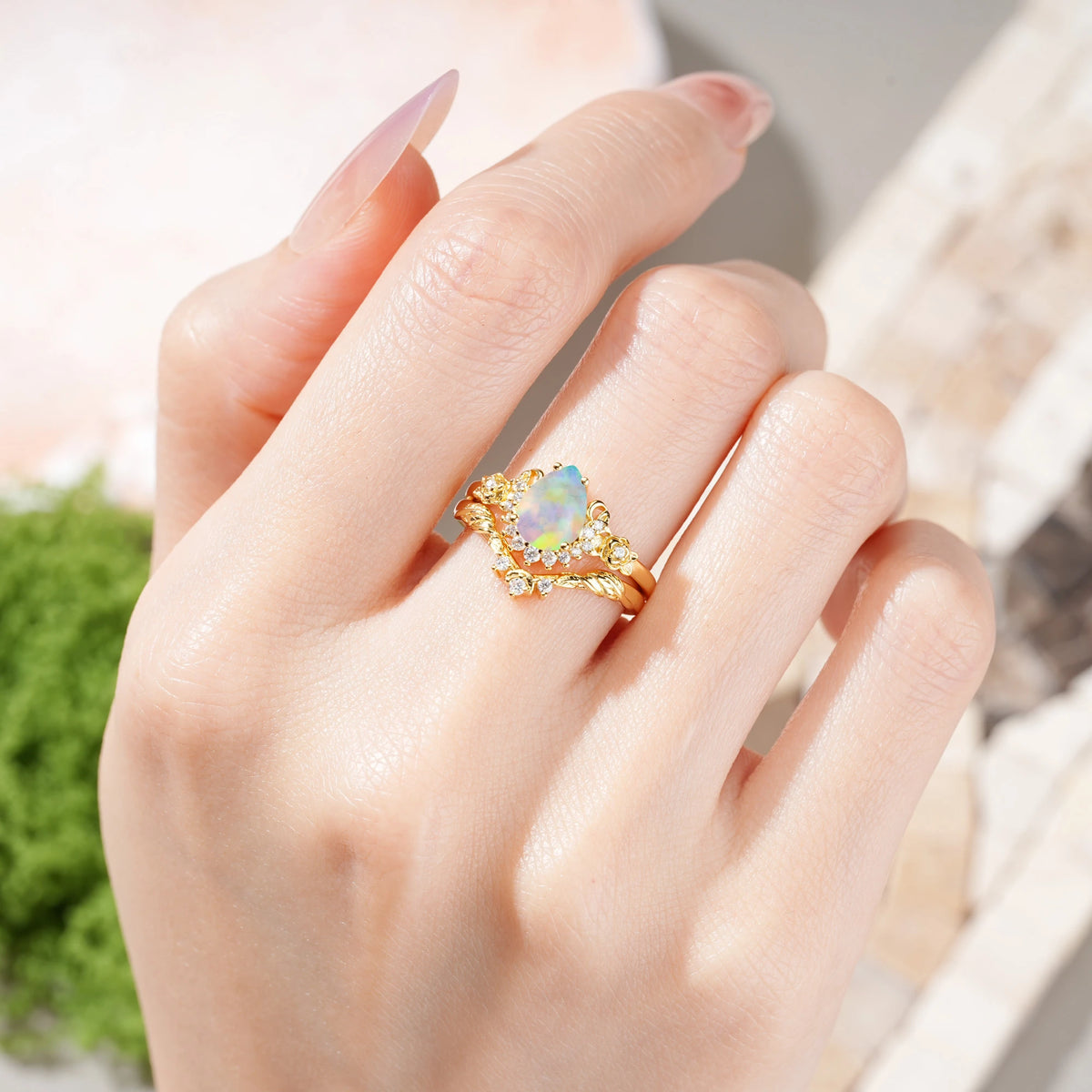 Pear Cut Fire Opal Rose and Leaf Bridal Ring Set