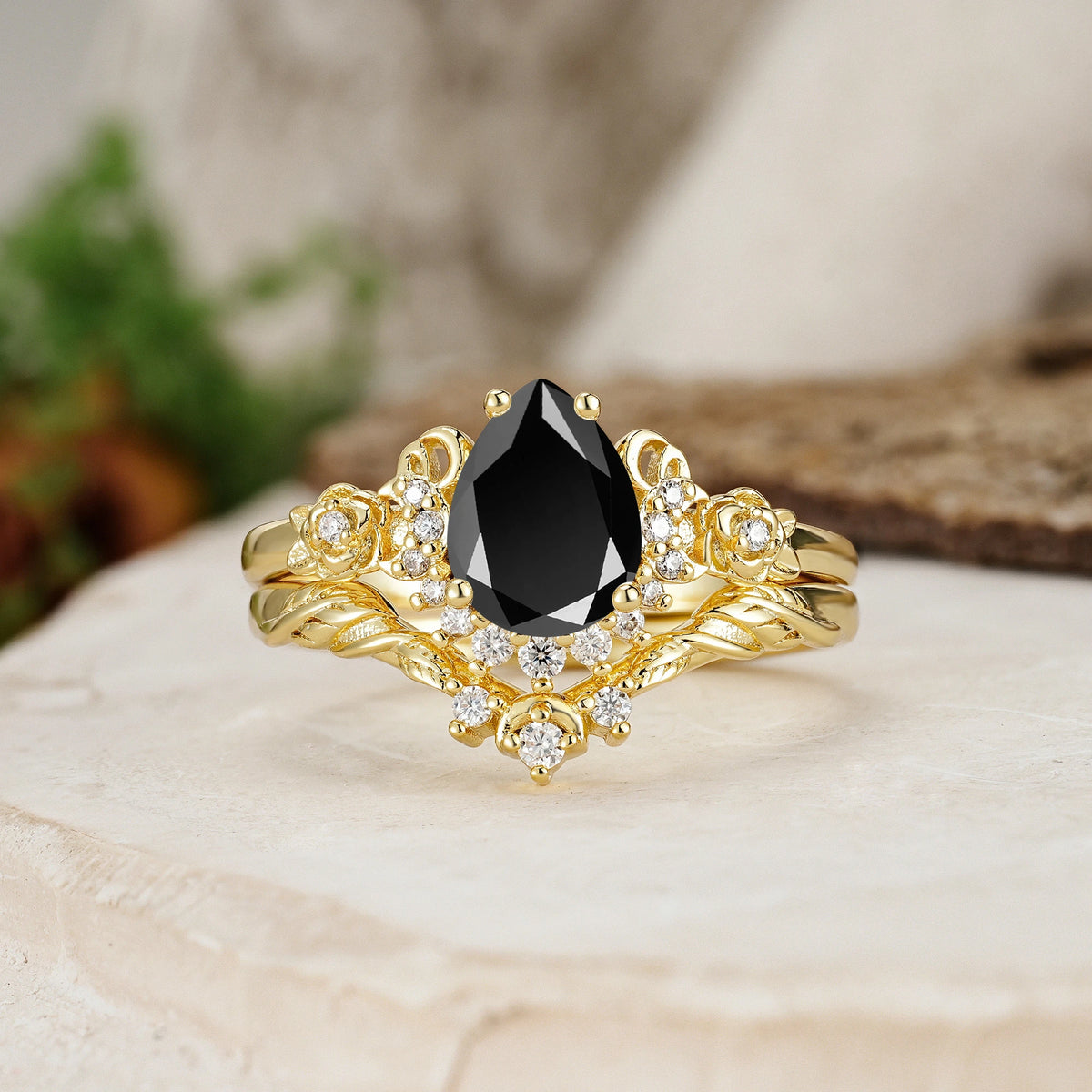 Pear Cut Black Onyx Rose and Leaf Bridal Ring Set