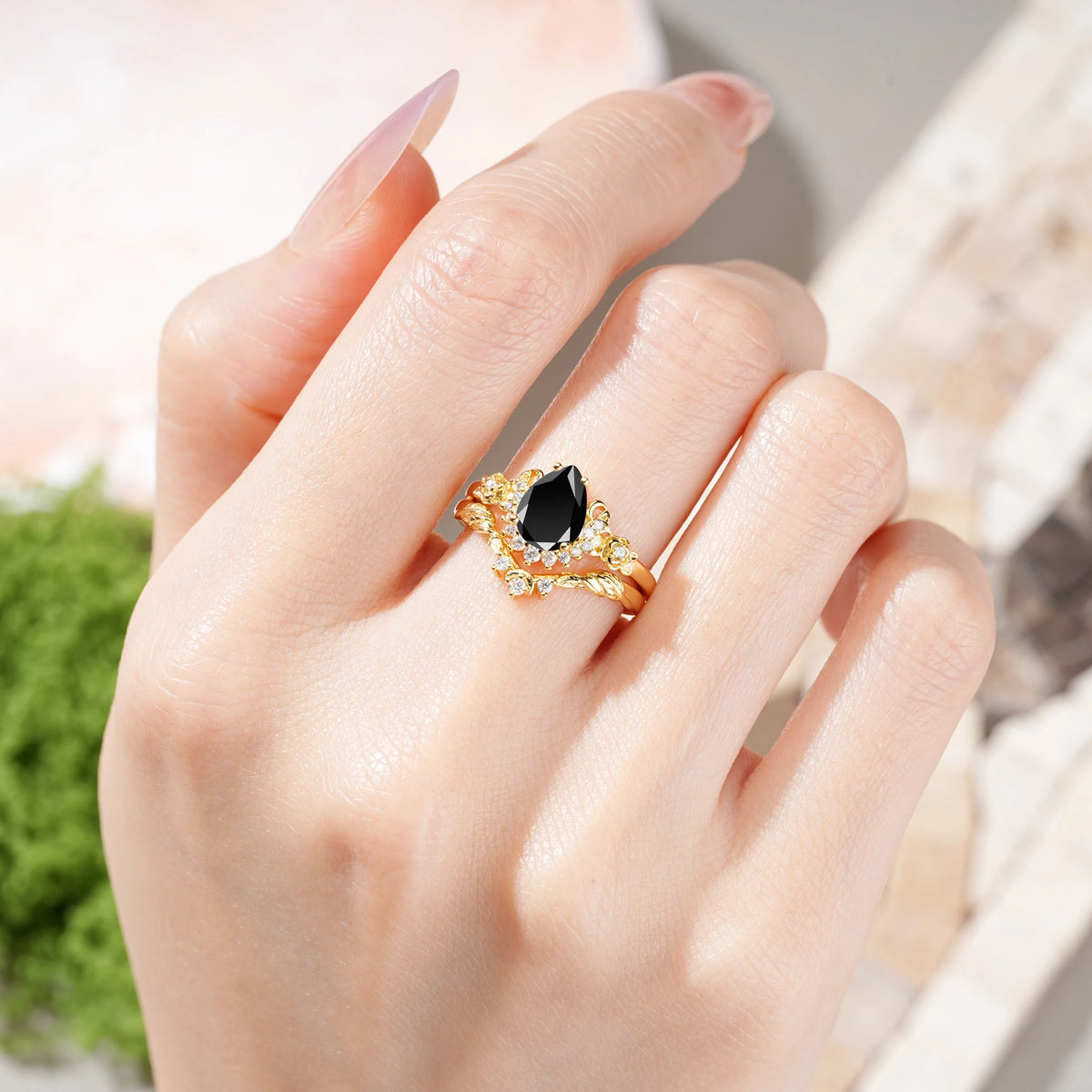 Pear Cut Black Onyx Rose and Leaf Bridal Ring Set