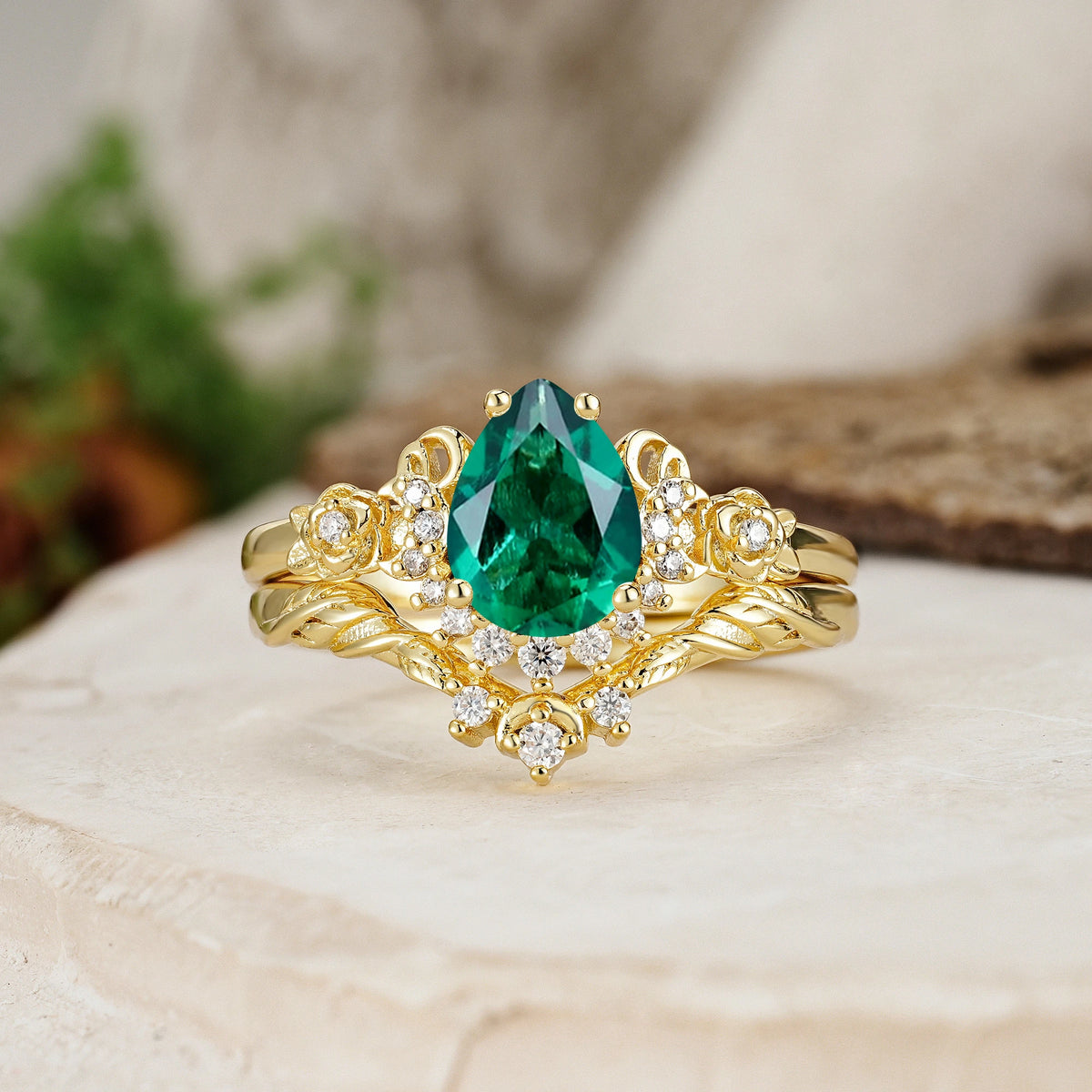 Pear Cut Emerald Rose and Leaf Bridal Ring Set