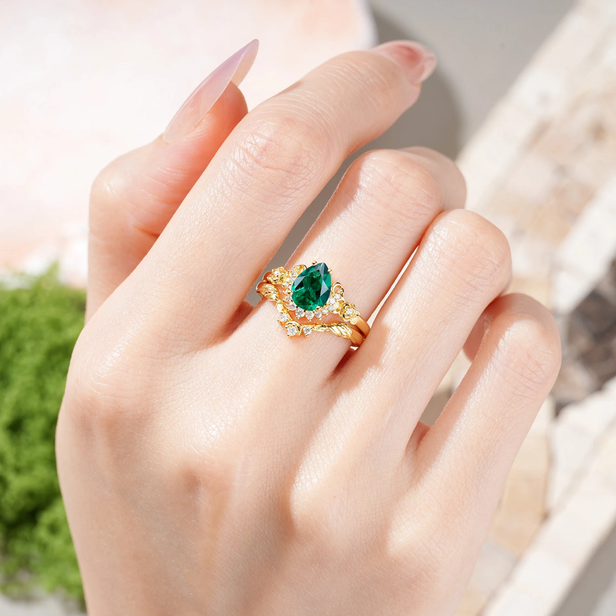 Pear Cut Emerald Rose and Leaf Bridal Ring Set