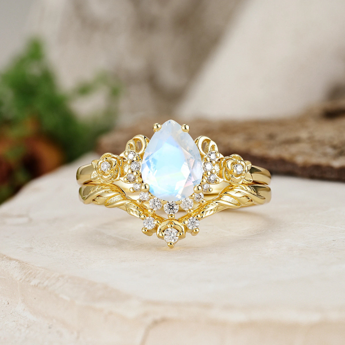 Pear Cut Moonstone Rose and Leaf Bridal Ring Set