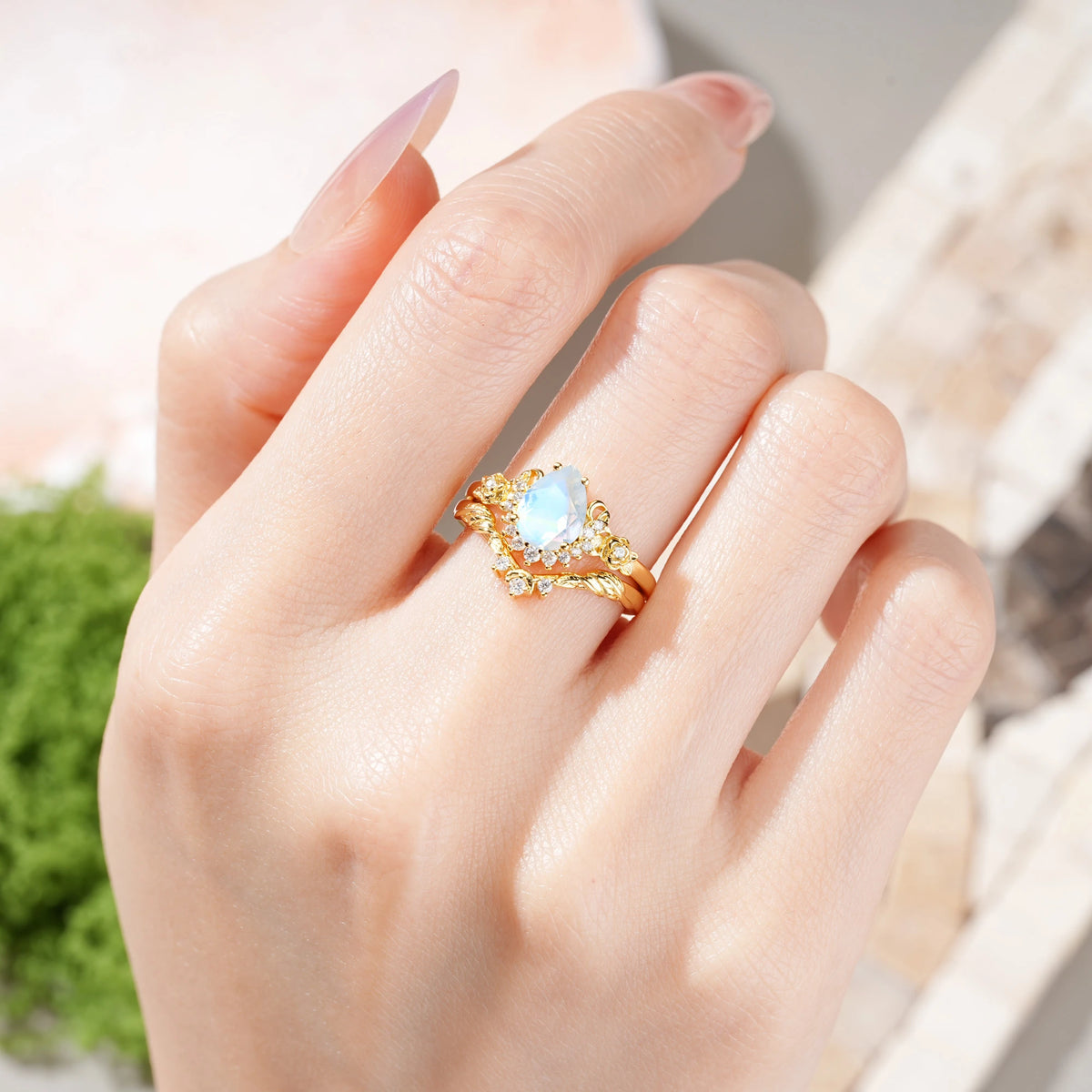 Pear Cut Moonstone Rose and Leaf Bridal Ring Set