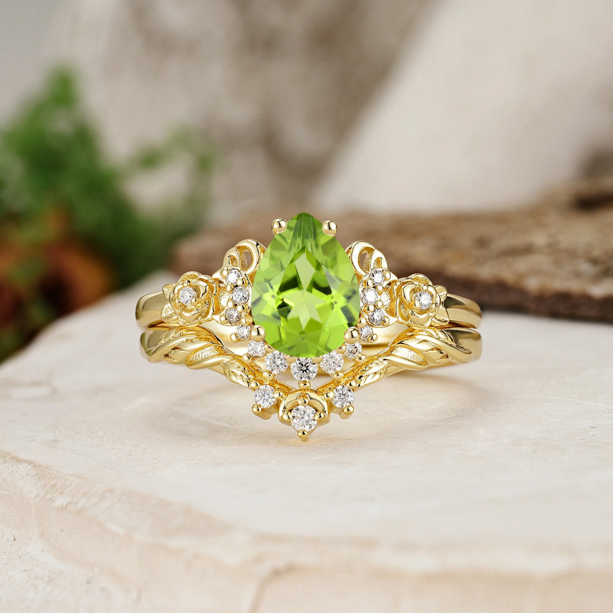Pear Cut Peridot Rose and Leaf Bridal Ring Set