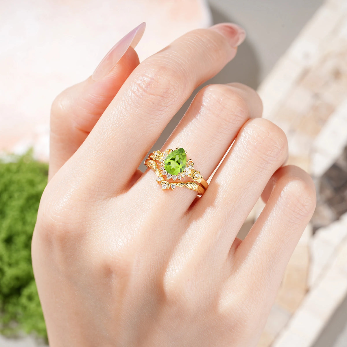 Pear Cut Peridot Rose and Leaf Bridal Ring Set