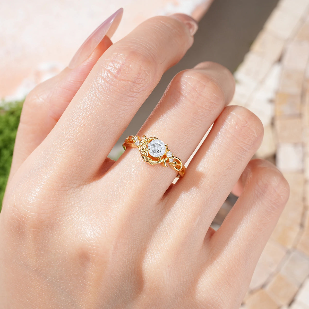 Round Cut Moissanite Crescent Moon and Vine Engagement Ring