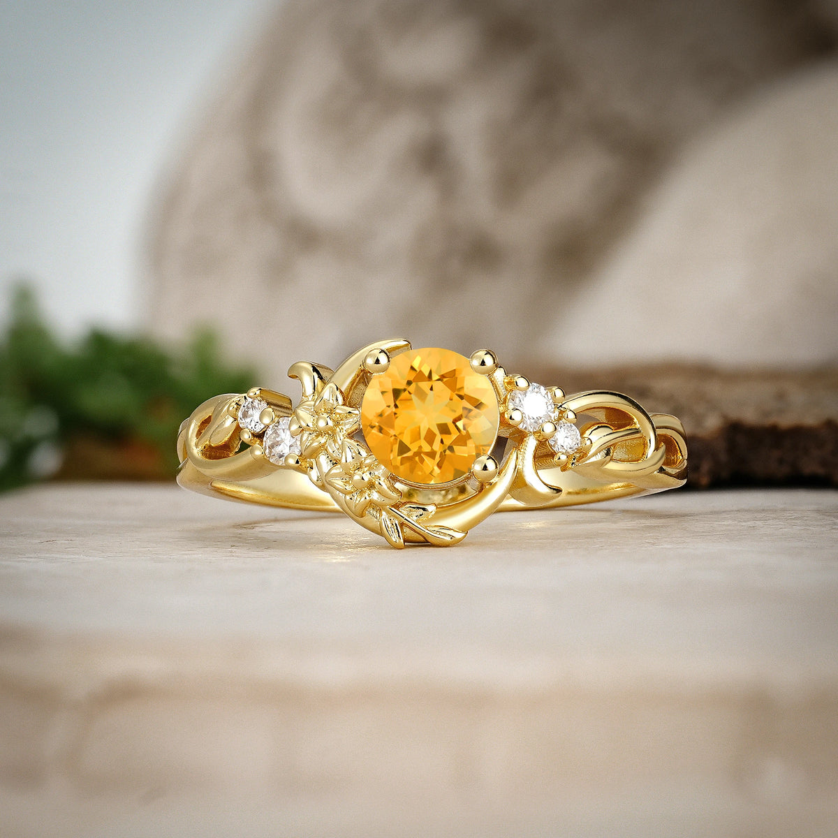 Round Cut Citrine Crescent Moon and Vine Engagement Ring