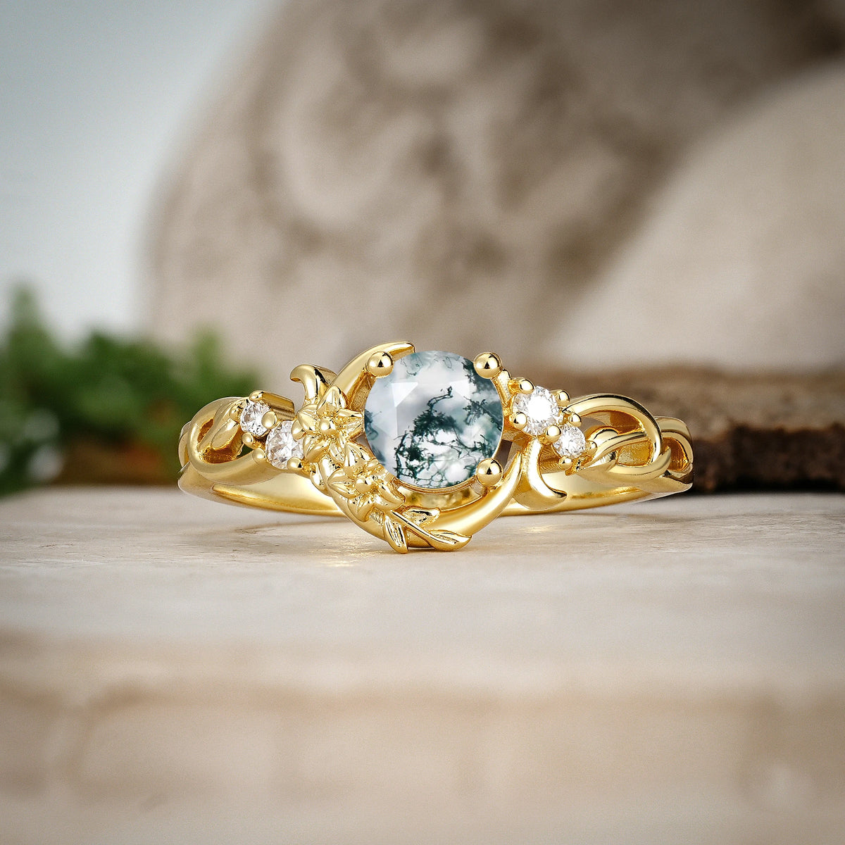 Round Cut Moss Agate Crescent Moon and Vine Engagement Ring