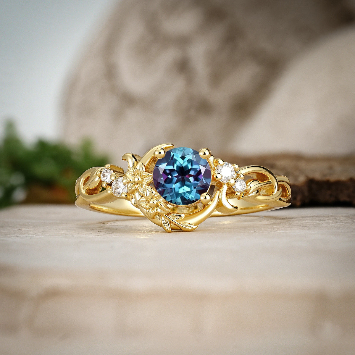 Round Cut Alexandrite Crescent Moon and Vine Engagement Ring