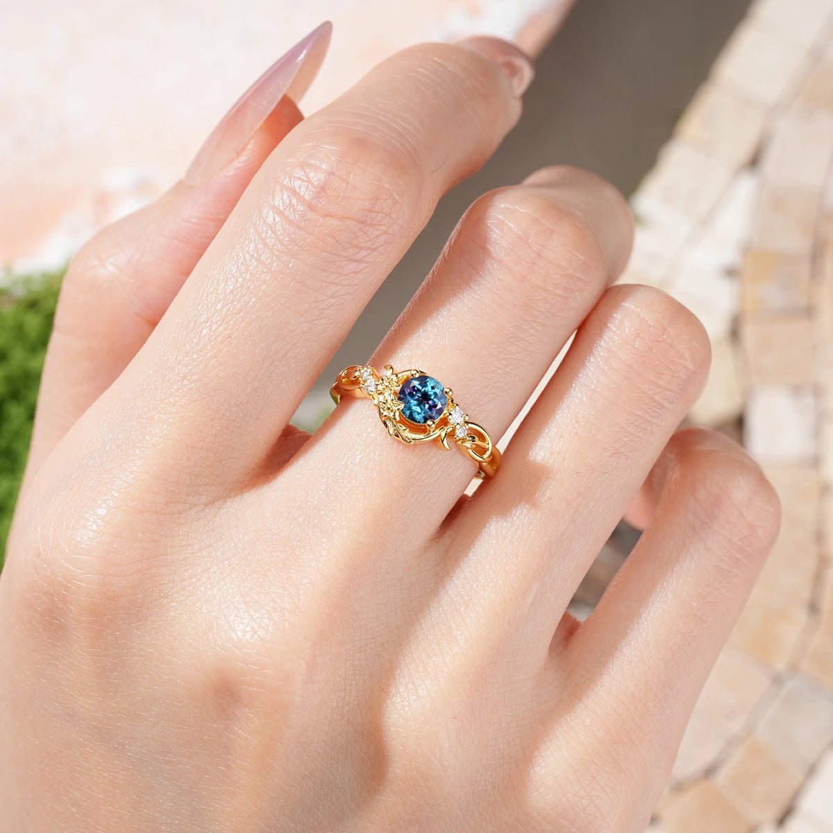 Round Cut Alexandrite Crescent Moon and Vine Engagement Ring