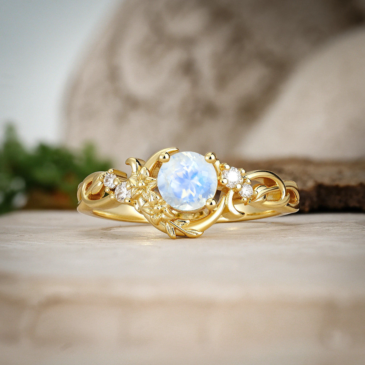 Round Cut Moonstone Crescent Moon and Vine Engagement Ring