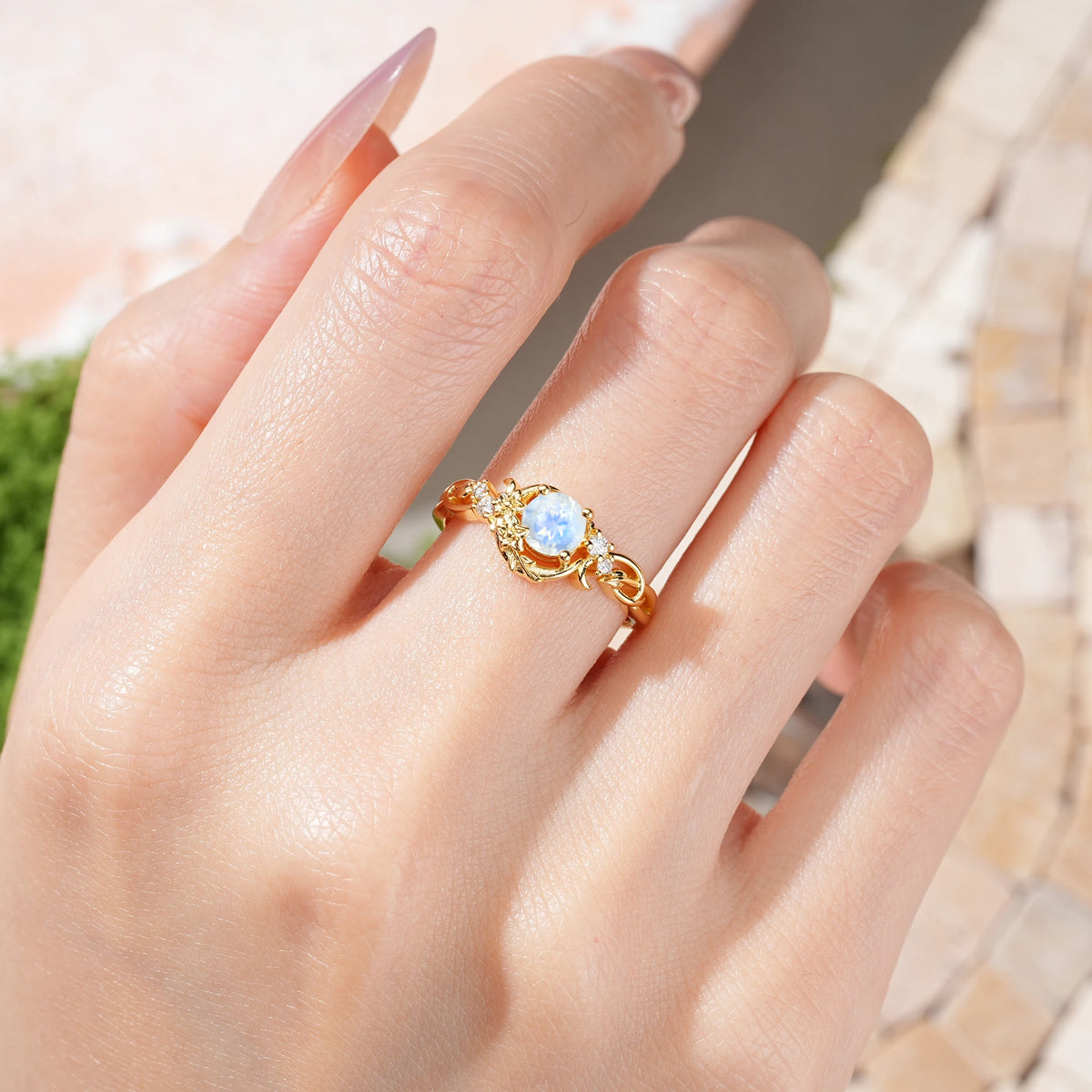 Round Cut Moonstone Crescent Moon and Vine Engagement Ring
