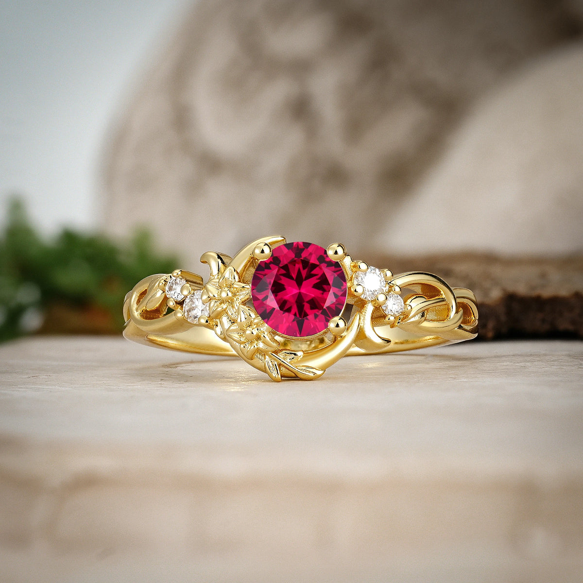 Round Cut Ruby Crescent Moon and Vine Engagement Ring
