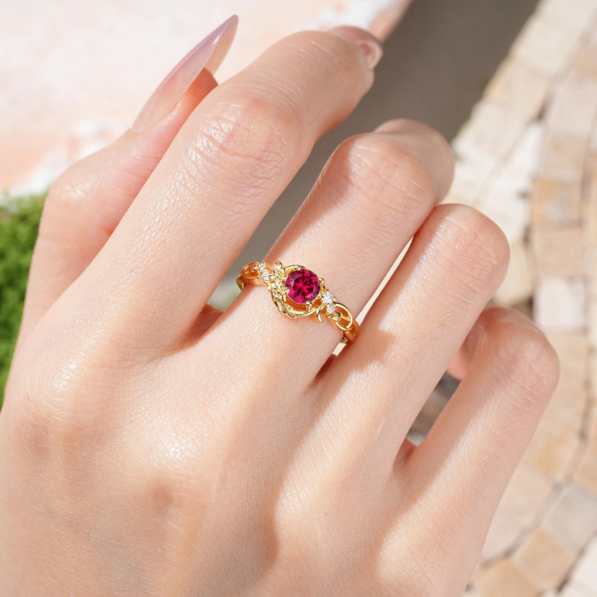Round Cut Ruby Crescent Moon and Vine Engagement Ring