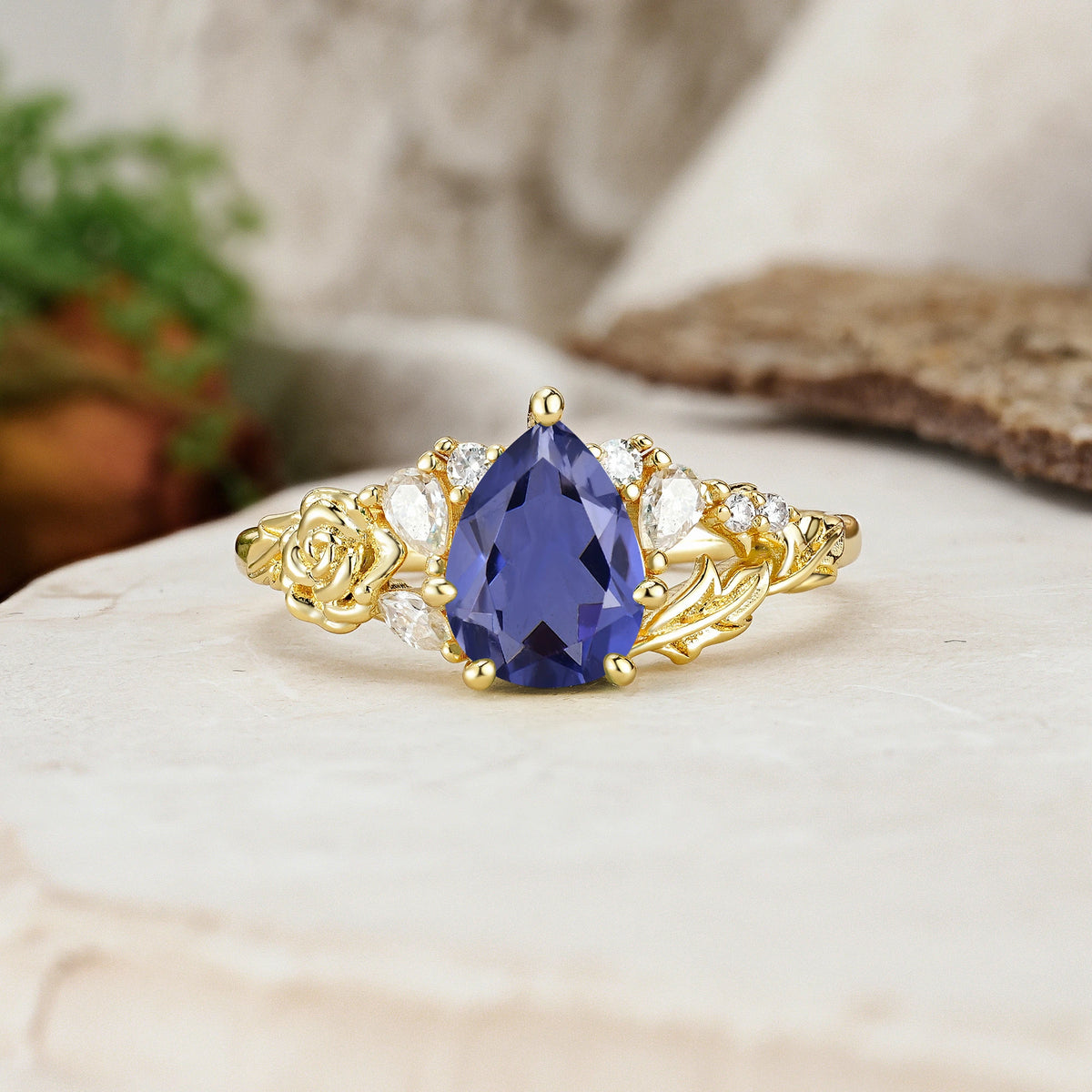 Pear Cut Tanzanite Rose and Leaf Engagement Ring