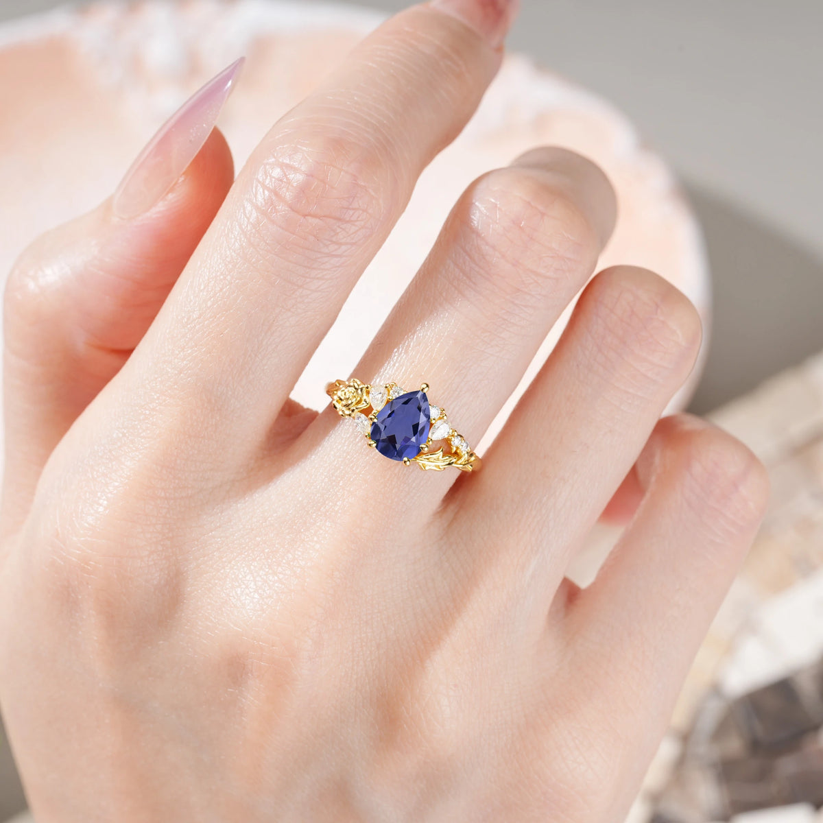 Pear Cut Tanzanite Rose and Leaf Engagement Ring