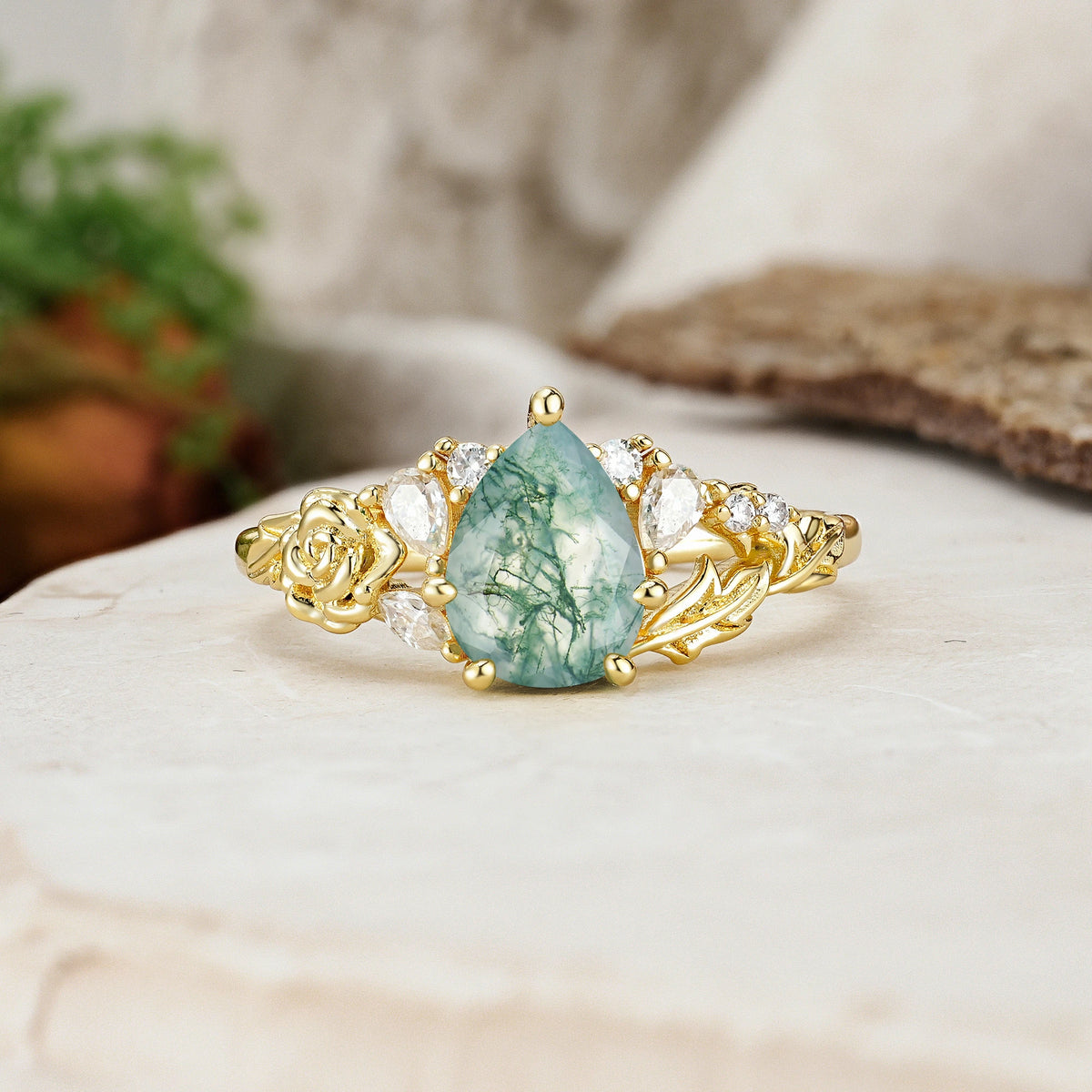 Pear Cut Moss Agate Rose and Leaf Engagement Ring