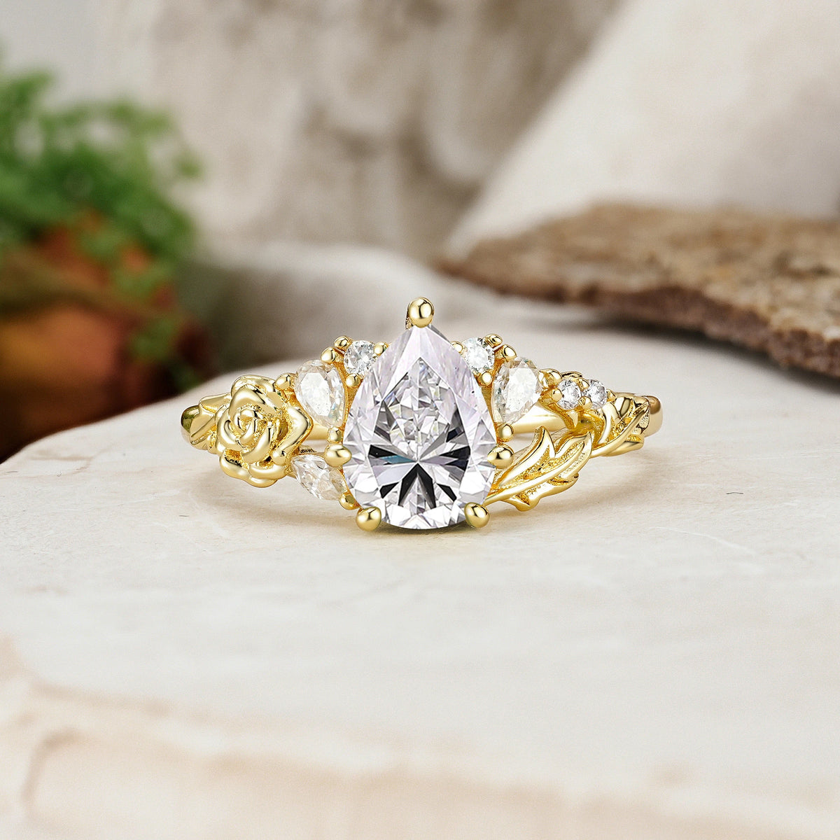 Pear Cut Lab Diamond Rose and Leaf Engagement Ring