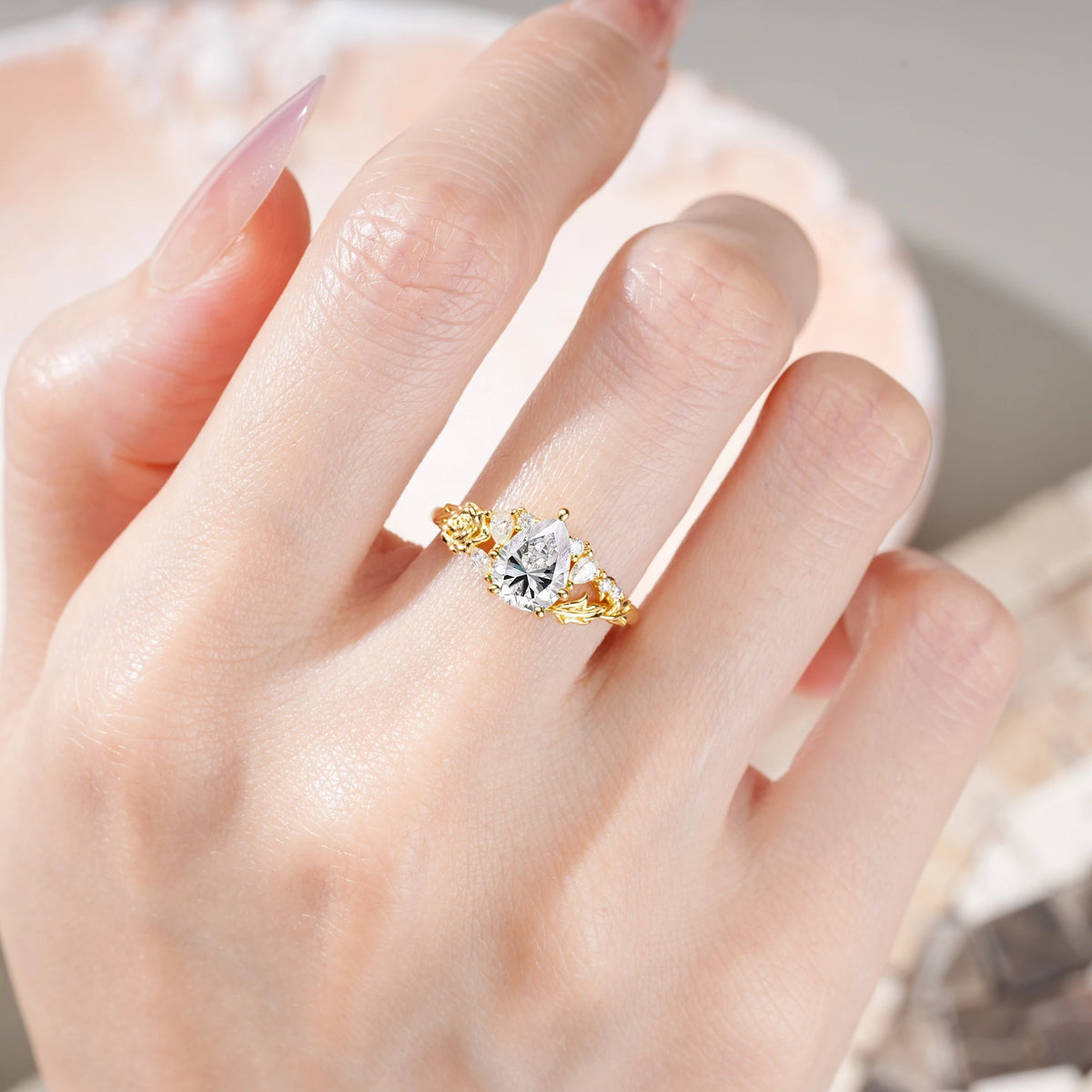 Pear Cut Lab Diamond Rose and Leaf Engagement Ring