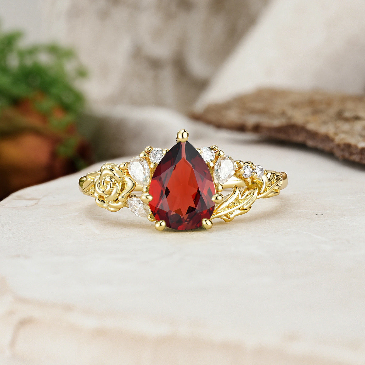 Pear Cut Garnet Rose and Leaf Engagement Ring