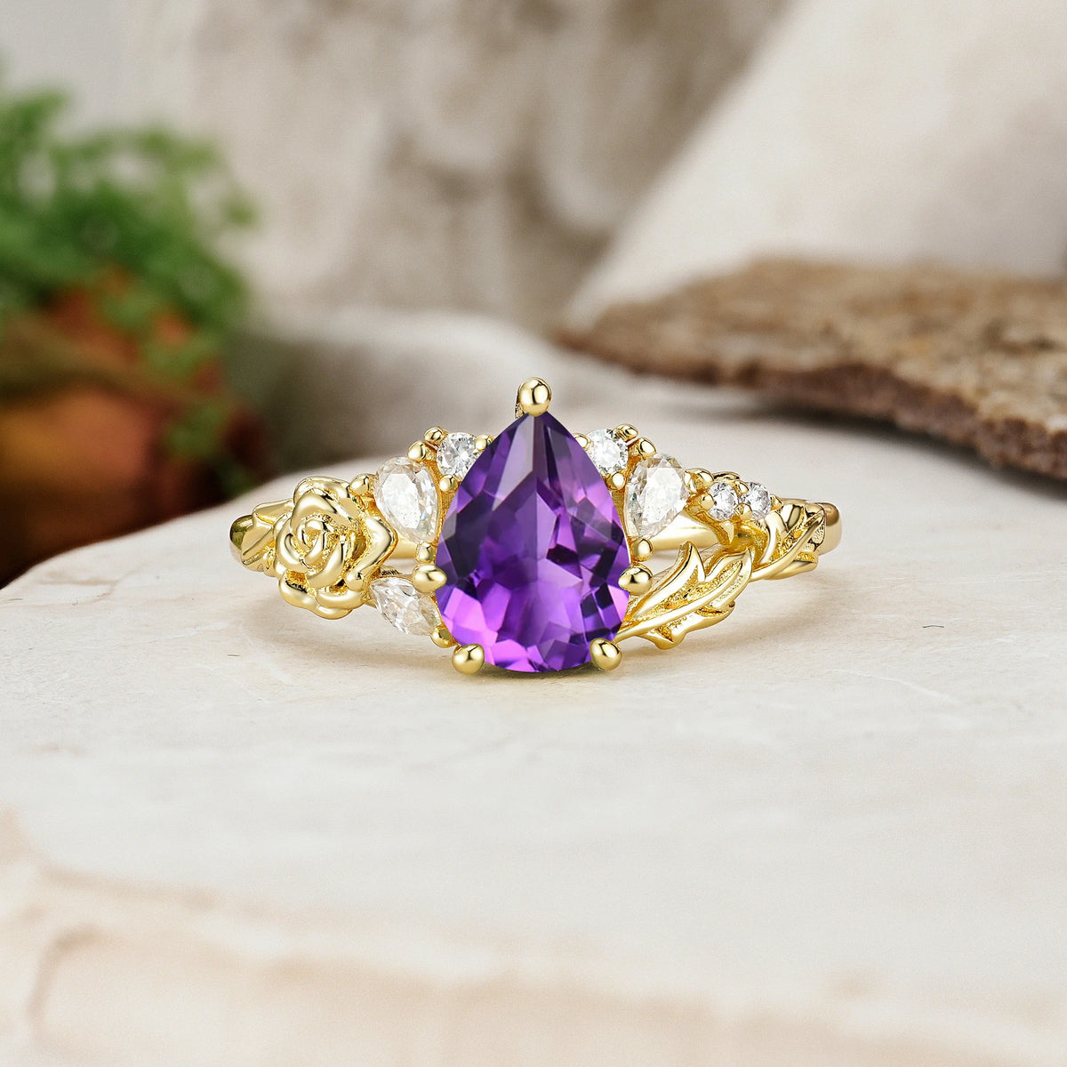 Pear Cut Amethyst Rose and Leaf Engagement Ring