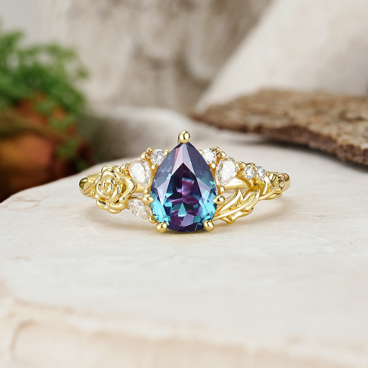 Pear Cut Alexandrite Rose and Leaf Engagement Ring
