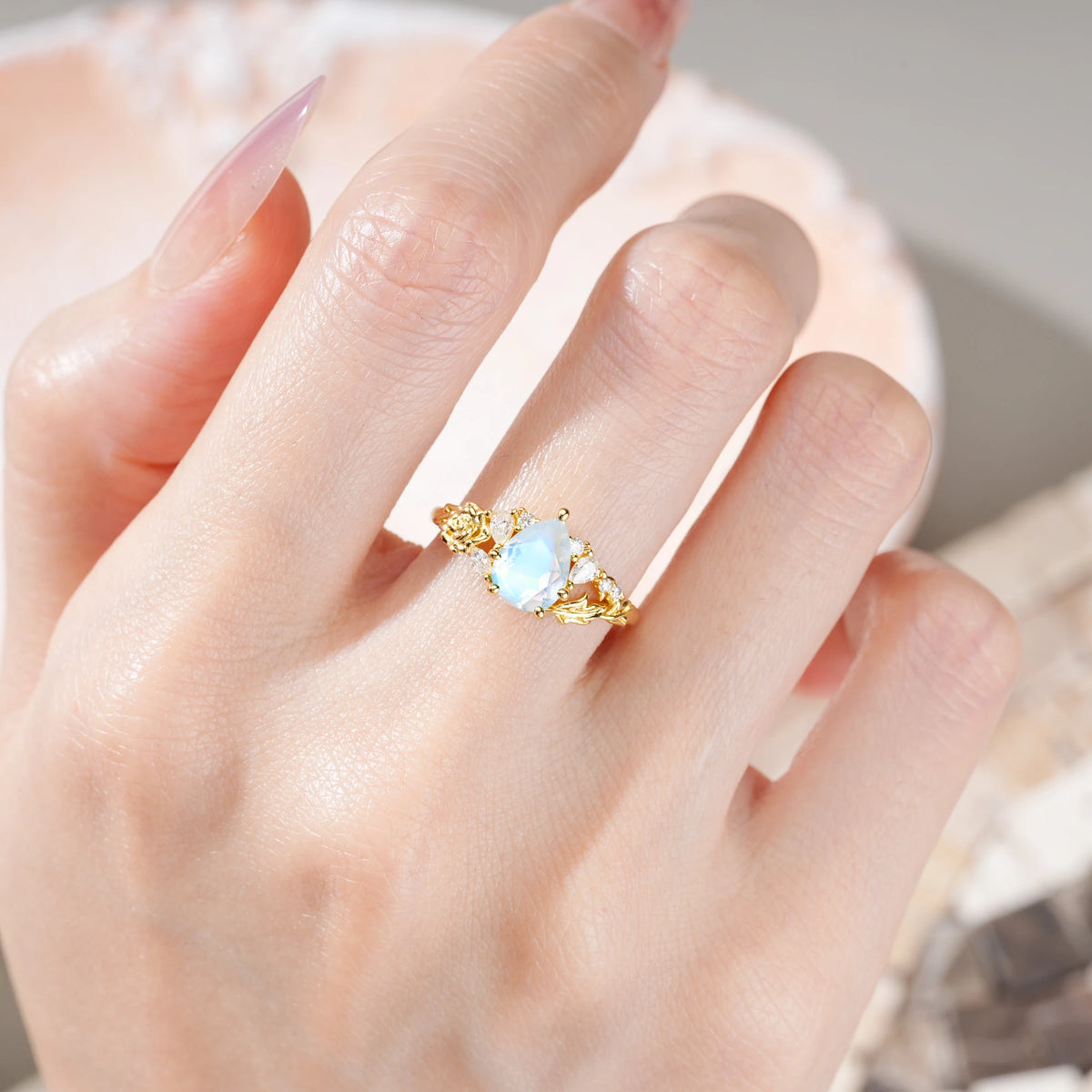 Pear Cut Moonstone Rose and Leaf Engagement Ring