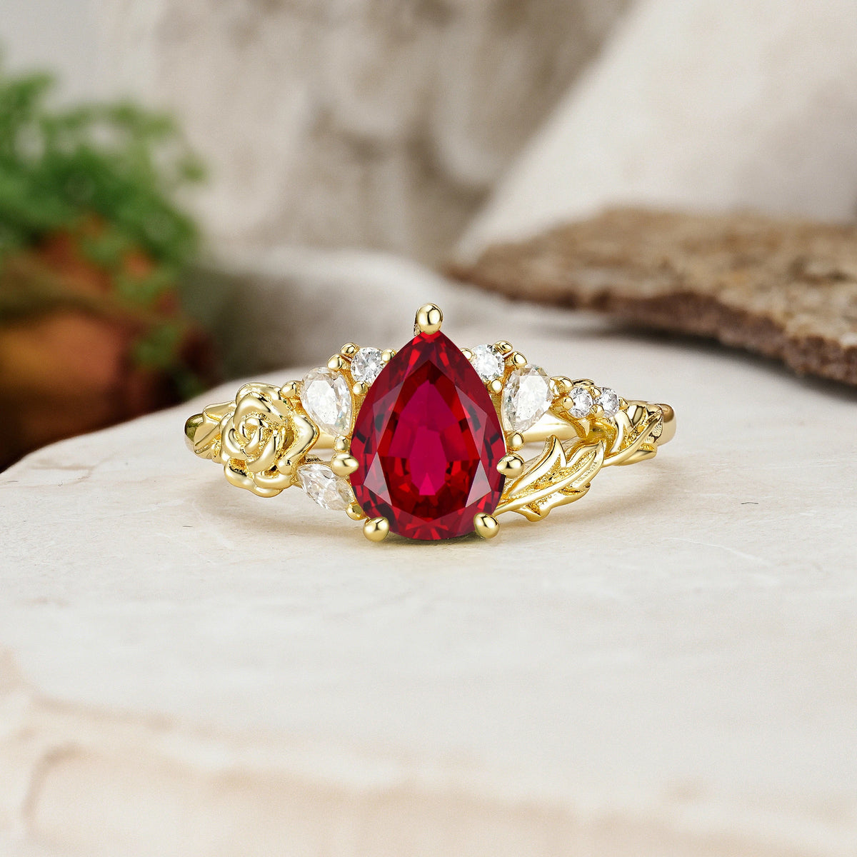 Pear Cut Ruby Rose and Leaf Engagement Ring