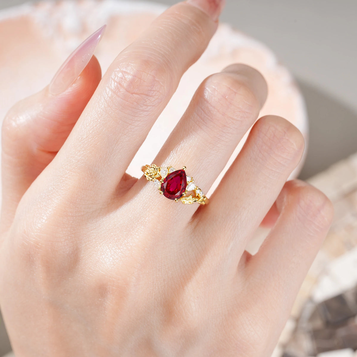 Pear Cut Ruby Rose and Leaf Engagement Ring