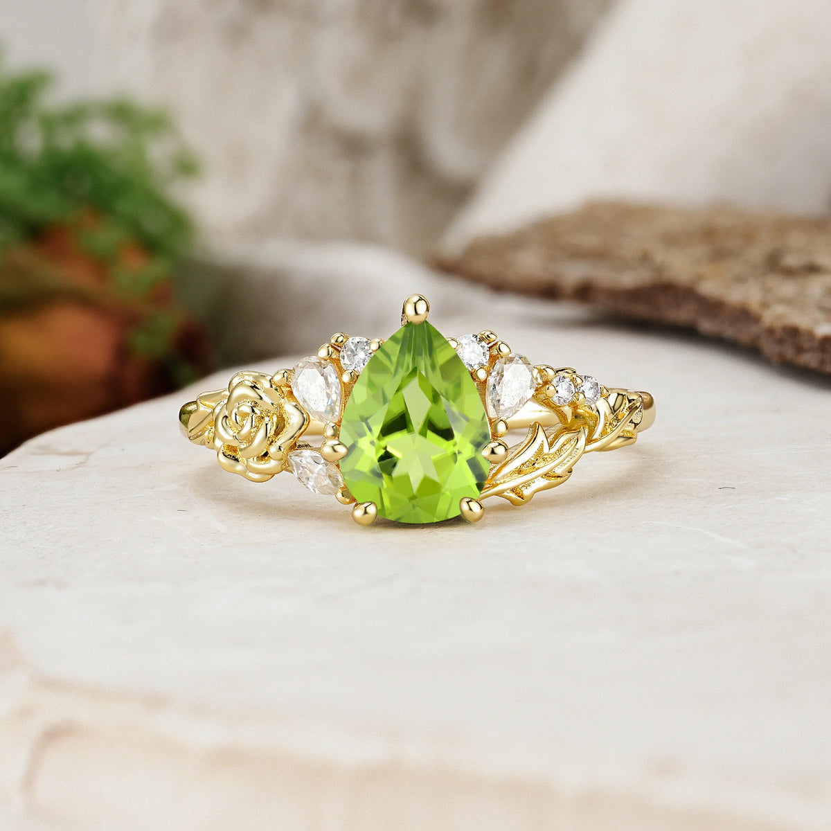 Pear Cut Peridot Rose and Leaf Engagement Ring