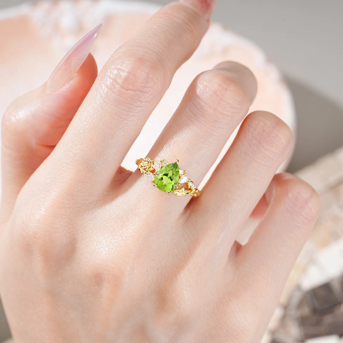 Pear Cut Peridot Rose and Leaf Engagement Ring