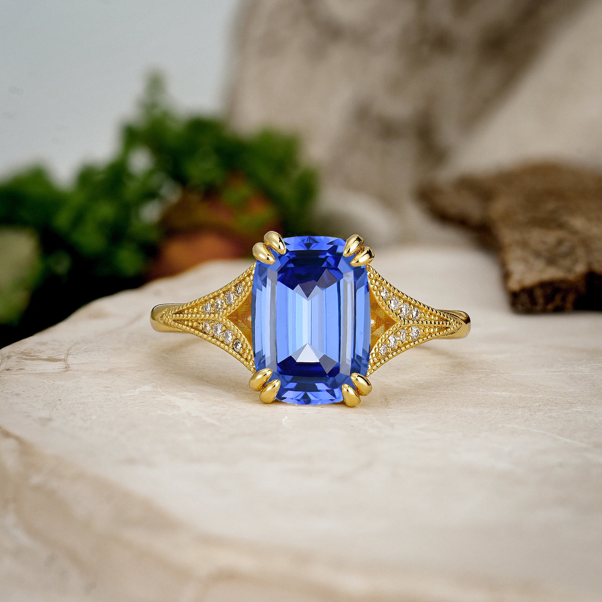 Emerald Cut Sapphire Milgrain Split Shank Engagement Ring