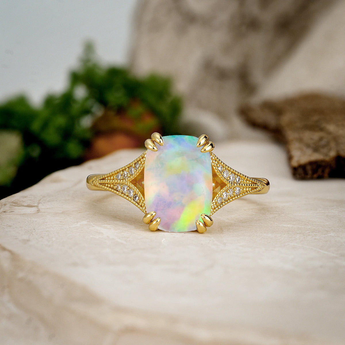 Emerald Cut Fire Opal Milgrain Split Shank Engagement Ring