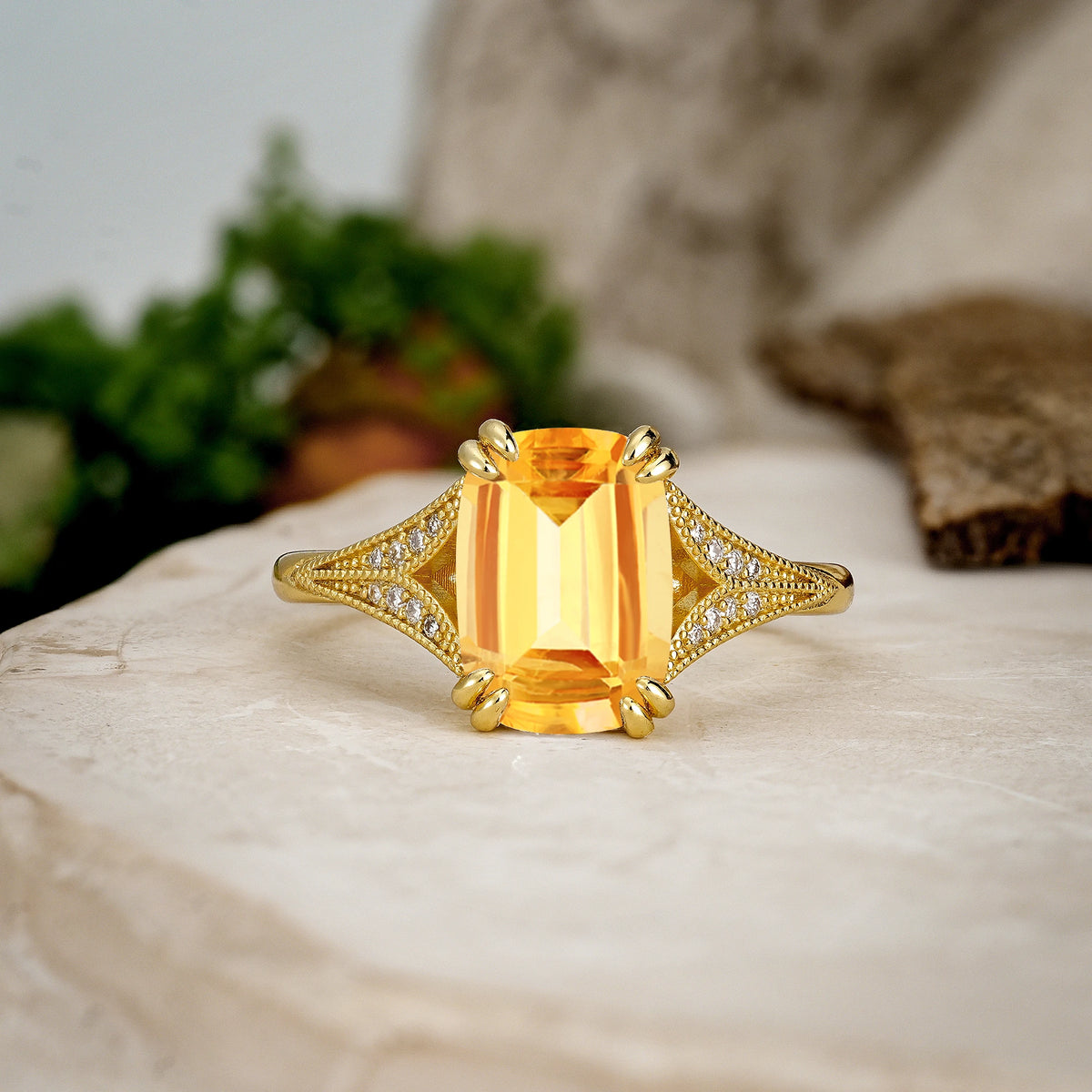 Emerald Cut Citrine Milgrain Split Shank Engagement Ring