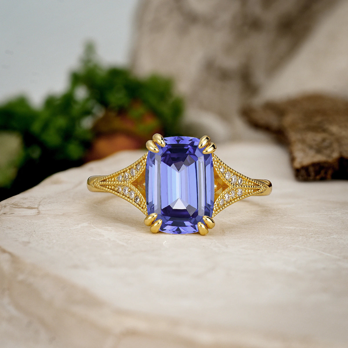 Emerald Cut Tanzanite Milgrain Split Shank Engagement Ring