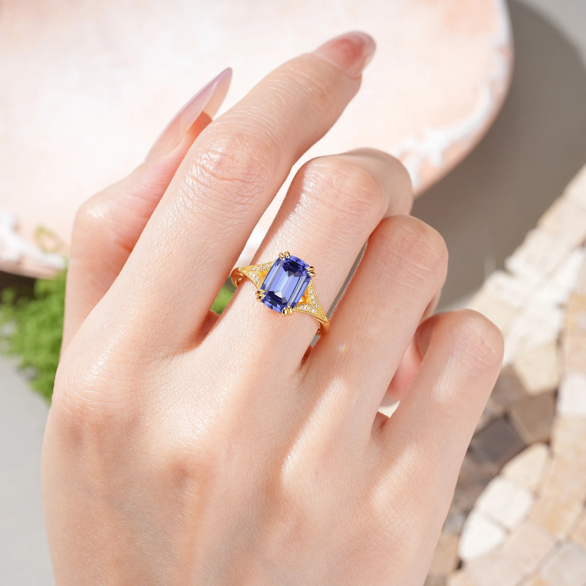 Emerald Cut Tanzanite Milgrain Split Shank Engagement Ring