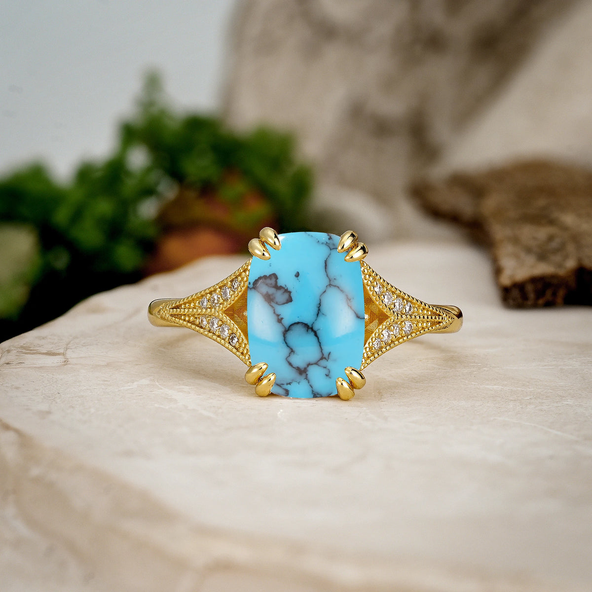 Emerald Cut Turquoise Milgrain Split Shank Engagement Ring