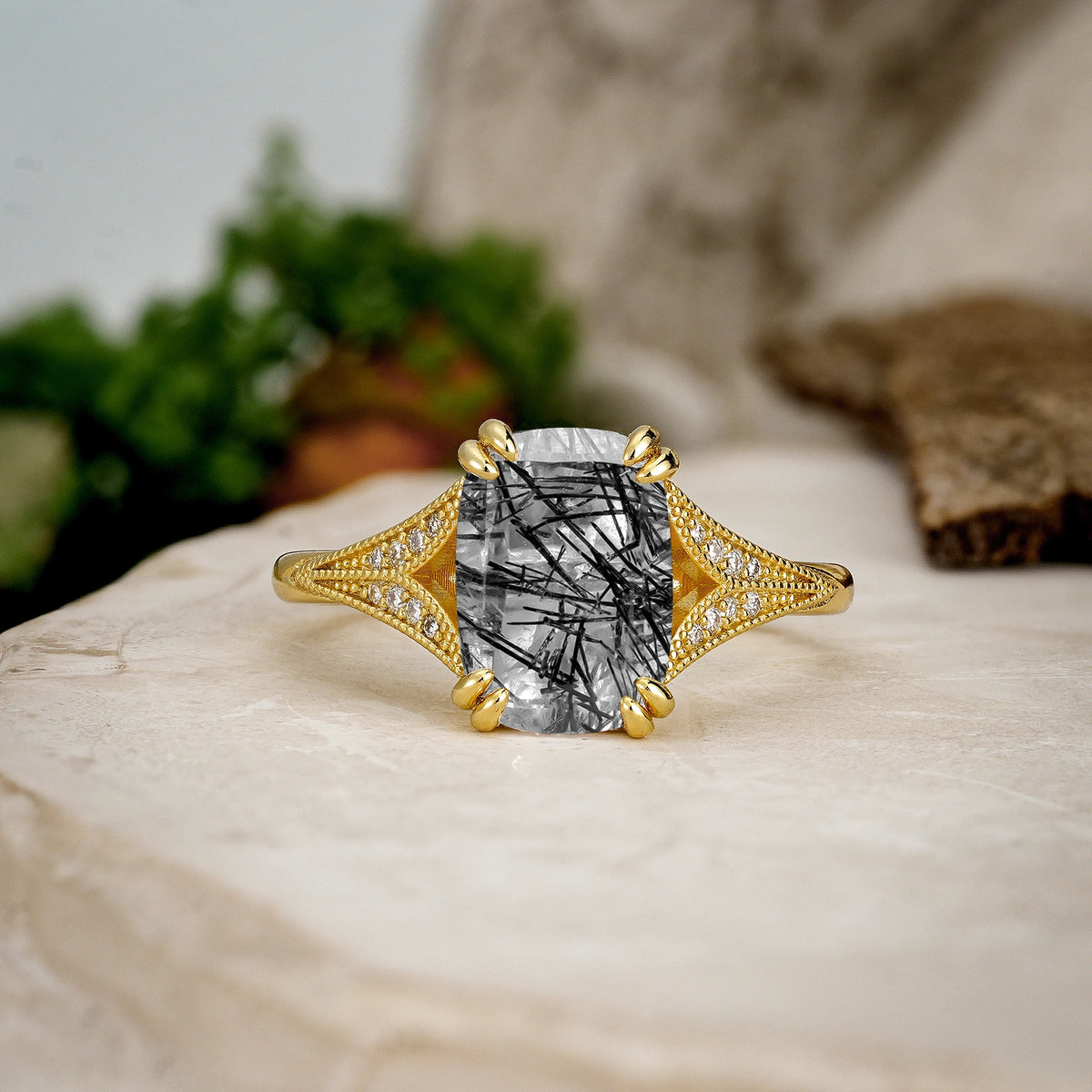 Emerald Cut Black Rutilated Quartz Milgrain Split Shank Engagement Ring