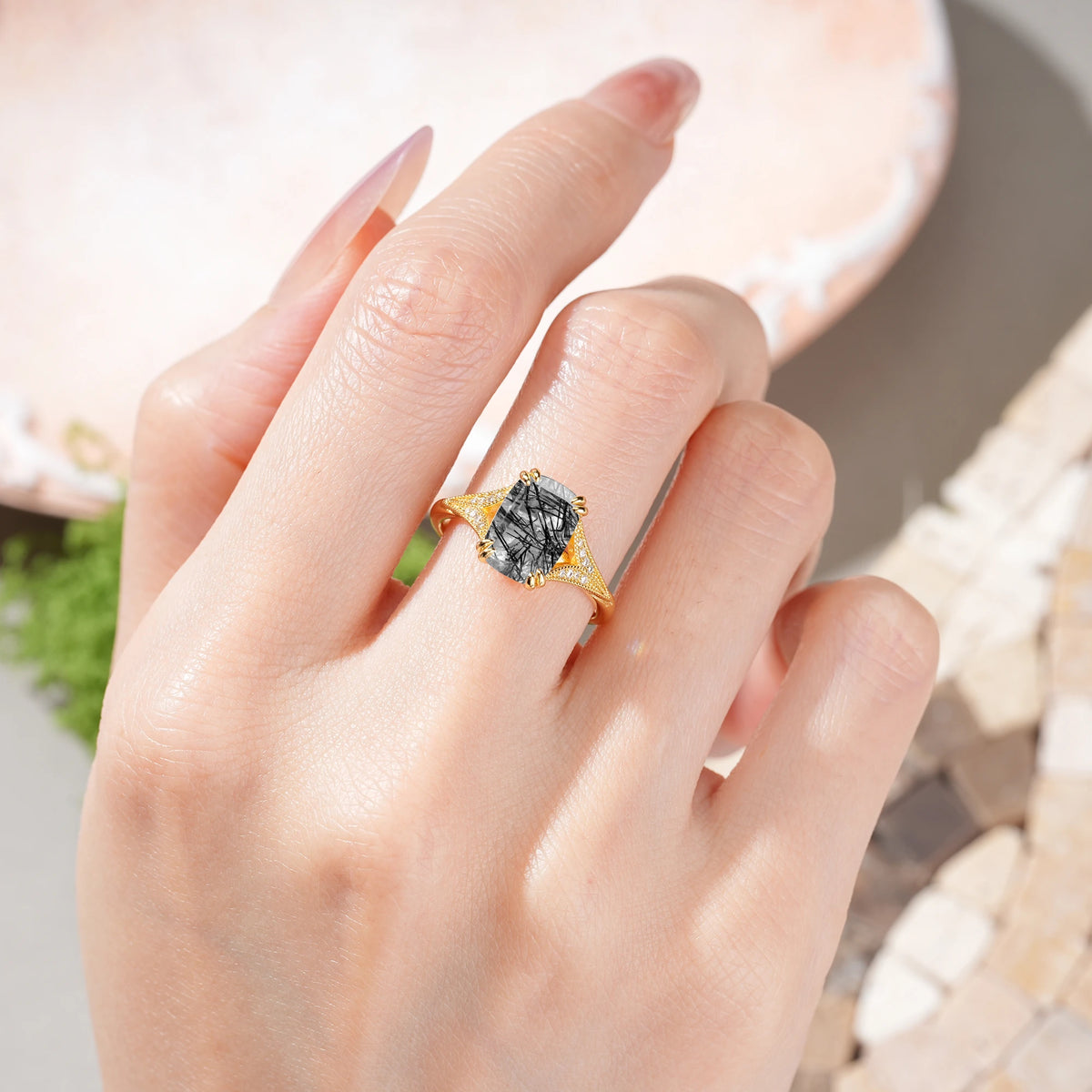 Emerald Cut Black Rutilated Quartz Milgrain Split Shank Engagement Ring