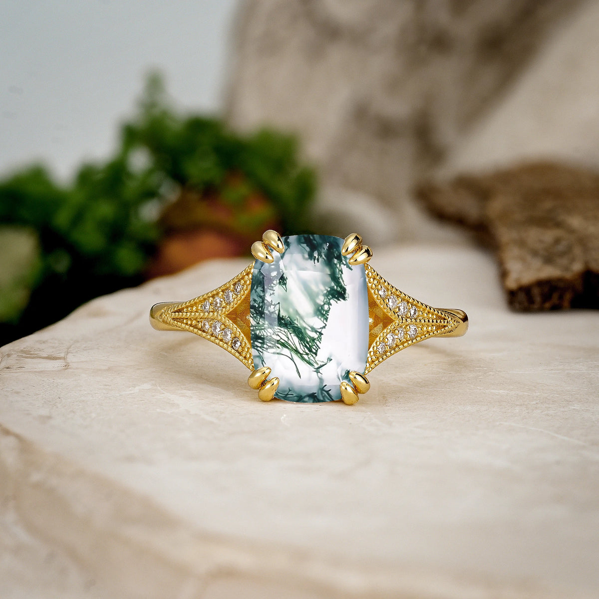 Emerald Cut Moss Agate Milgrain Split Shank Engagement Ring