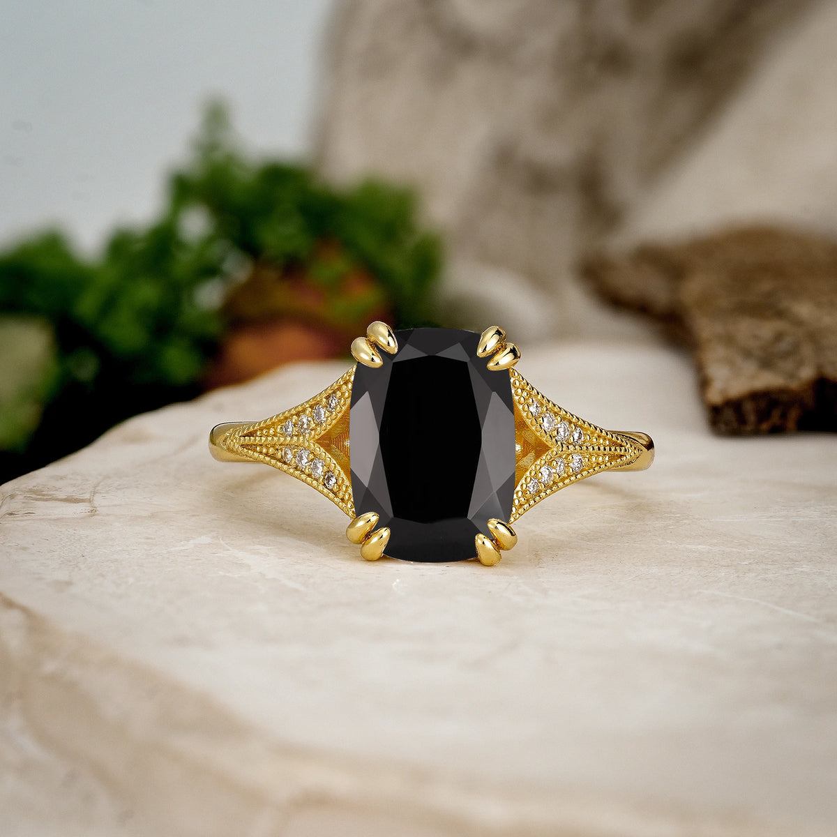 Emerald Cut Black Onyx Milgrain Split Shank Engagement Ring