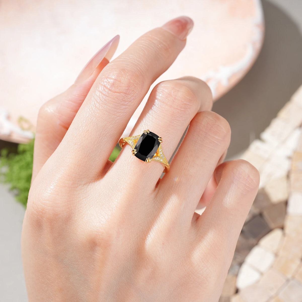Emerald Cut Black Onyx Milgrain Split Shank Engagement Ring
