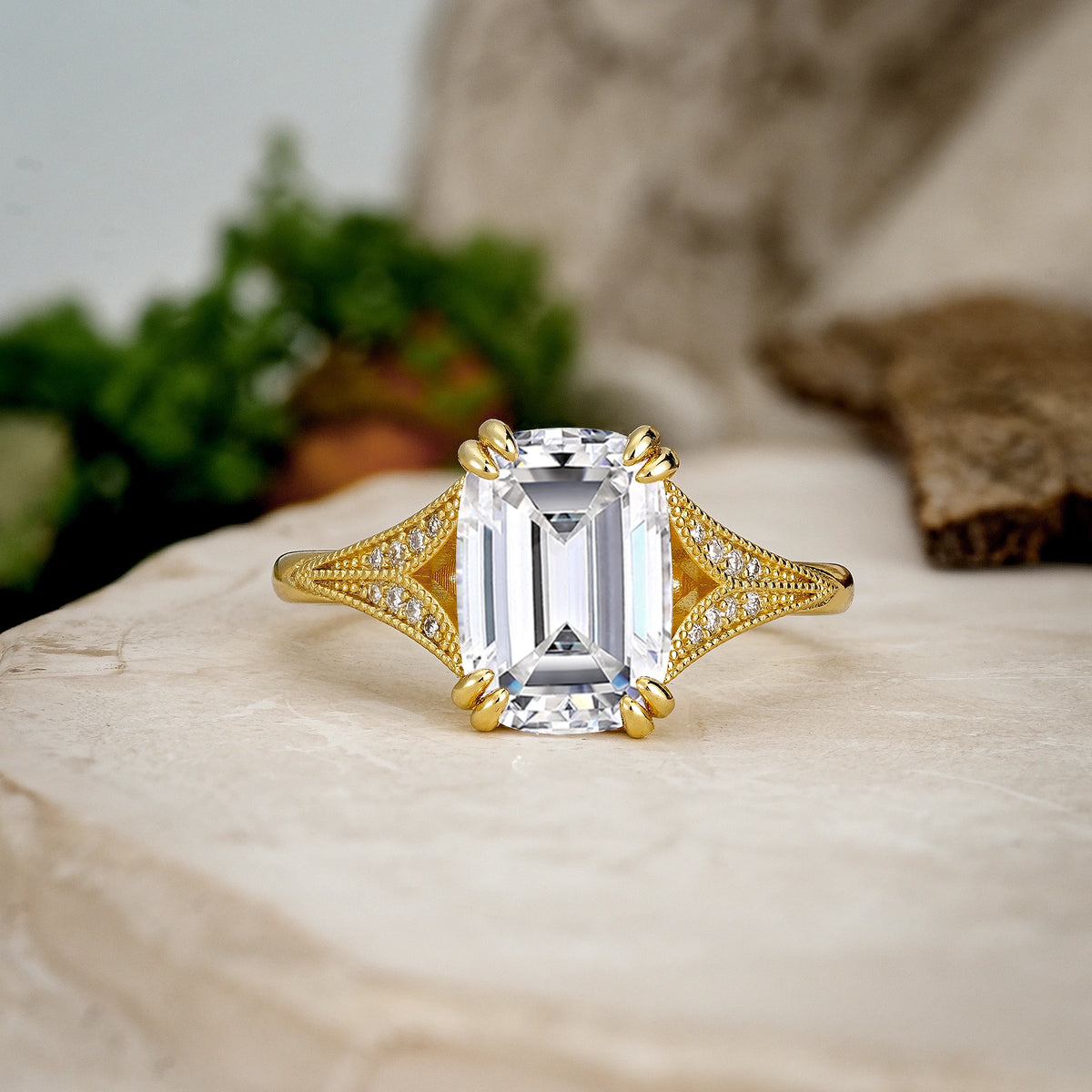 Emerald Cut Lab Diamond Milgrain Split Shank Engagement Ring