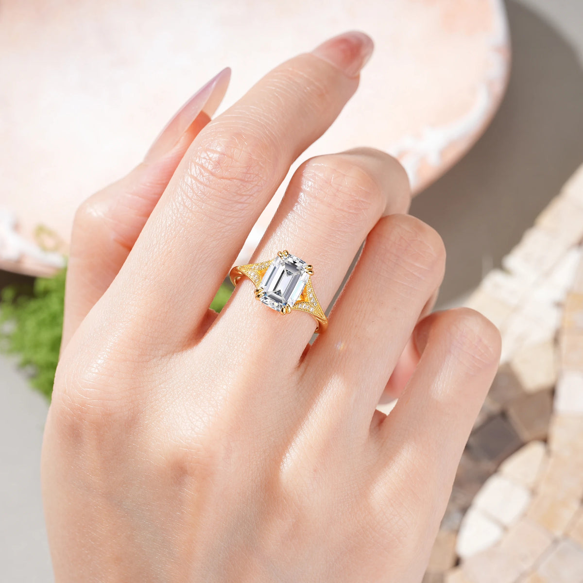 Emerald Cut Lab Diamond Milgrain Split Shank Engagement Ring