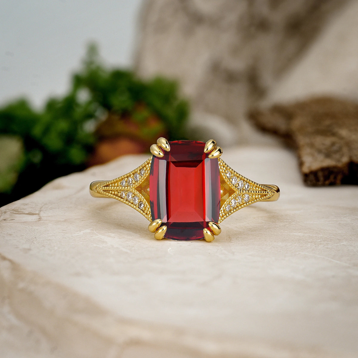 Emerald Cut Garnet Milgrain Split Shank Engagement Ring