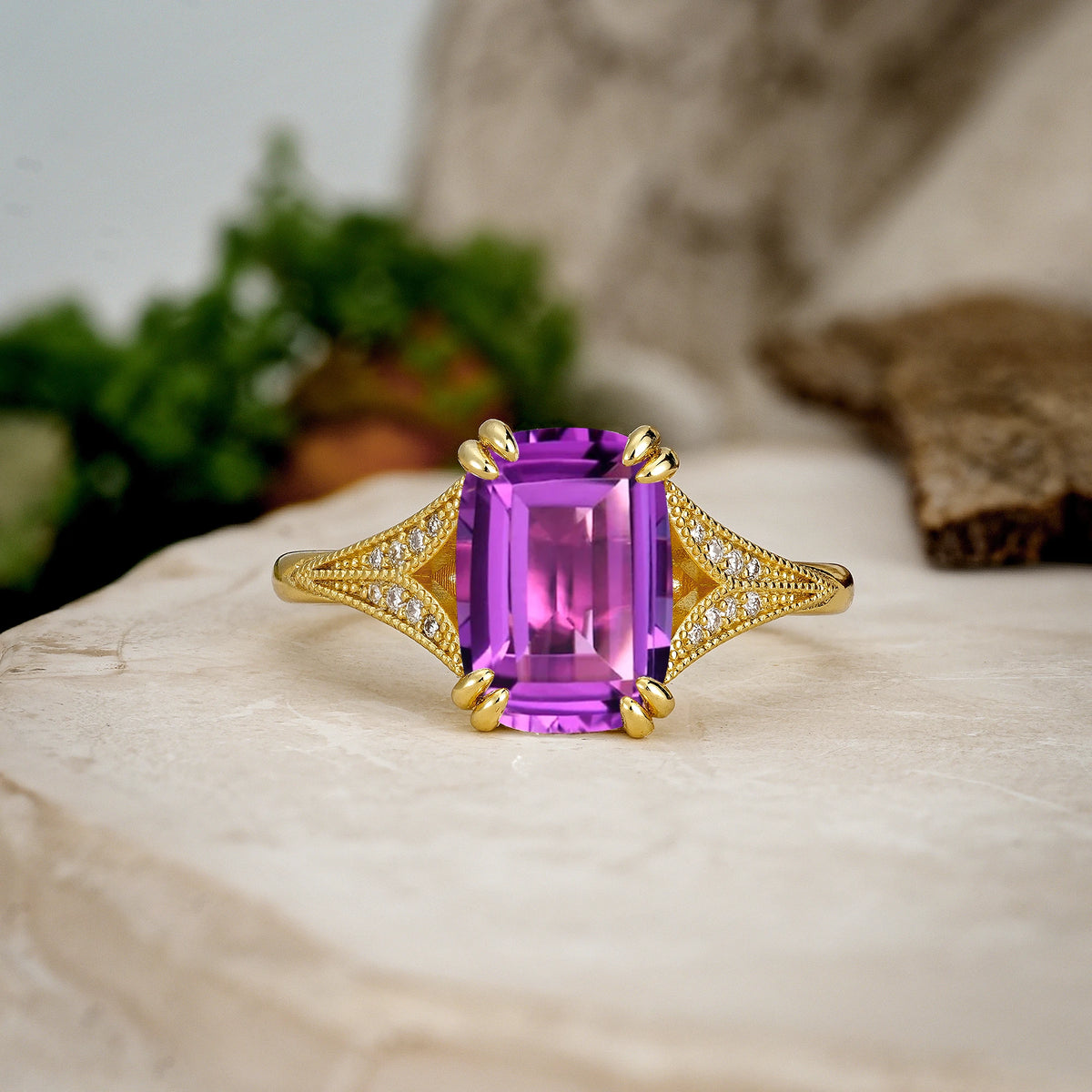 Emerald Cut Amethyst Milgrain Split Shank Engagement Ring