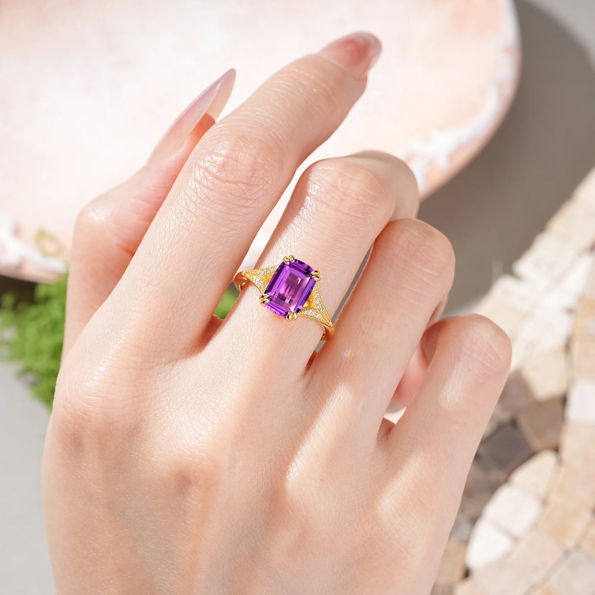 Emerald Cut Amethyst Milgrain Split Shank Engagement Ring
