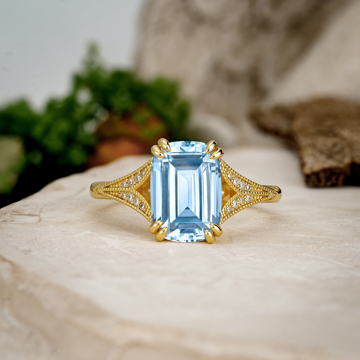 Emerald Cut Aquamarine Milgrain Split Shank Engagement Ring