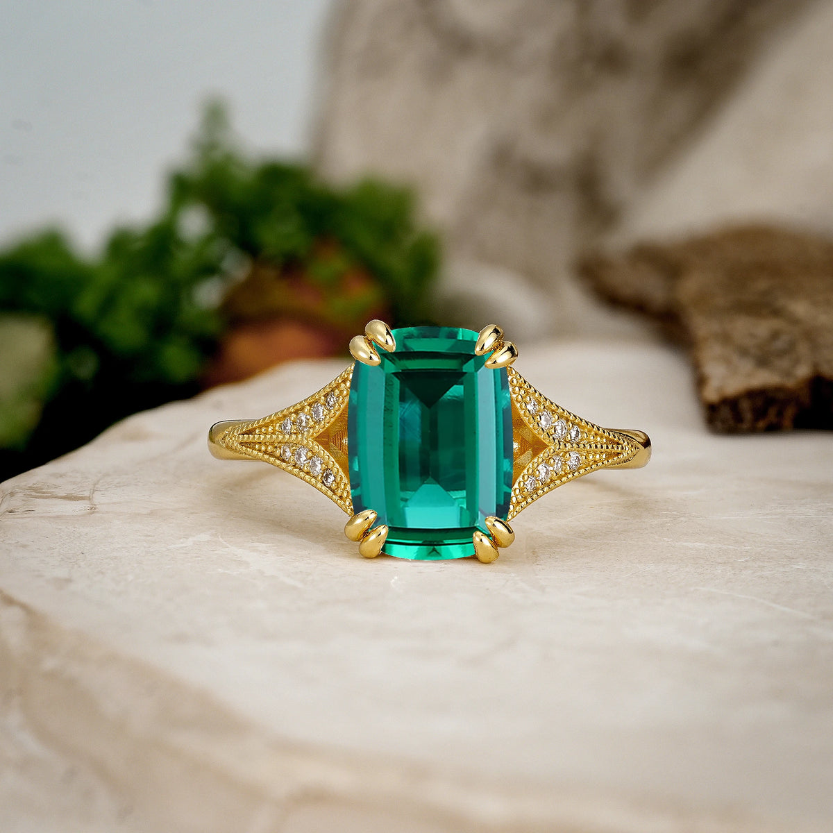 Emerald Cut Emerald Milgrain Split Shank Engagement Ring