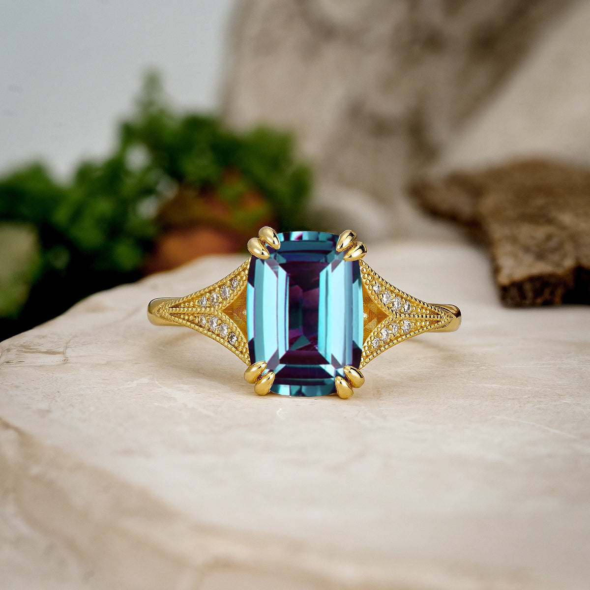 Emerald Cut Alexandrite Milgrain Split Shank Engagement Ring